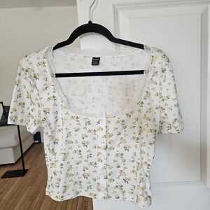 SHEIN Yellow Floral White Crop Top